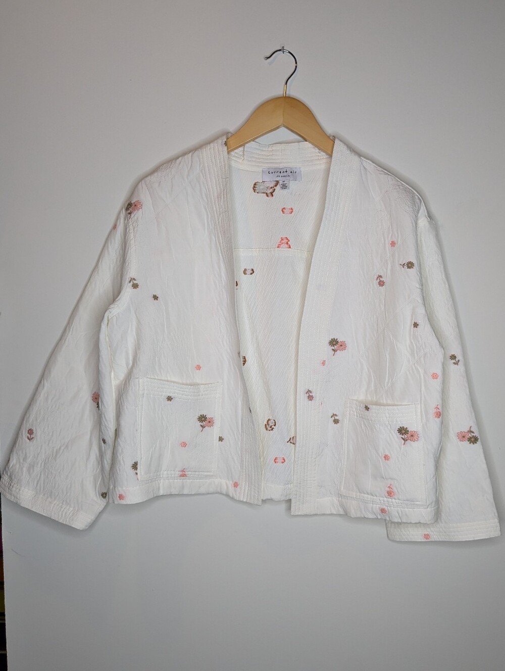 Current Air White Floral Embroidered Open Jacket Medium Anthropology